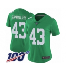 Women's Philadelphia Eagles #43 Darren Sproles Limited Green Rush Vapor Untouchable 100th Season Football Jersey