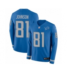 Youth Nike Detroit Lions #81 Calvin Johnson Limited Blue Therma Long Sleeve NFL Jersey
