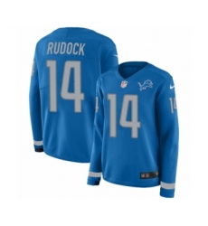 Women's Nike Detroit Lions #14 Jake Rudock Limited Blue Therma Long Sleeve NFL Jersey