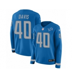 Women's Nike Detroit Lions #40 Jarrad Davis Limited Blue Therma Long Sleeve NFL Jersey