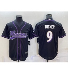 Men's Baltimore Ravens #9 Justin Tucker Black With Patch Cool Base Stitched Baseball Jersey