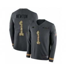 Men's Nike Carolina Panthers #1 Cam Newton Limited Black Salute to Service Therma Long Sleeve NFL Jersey
