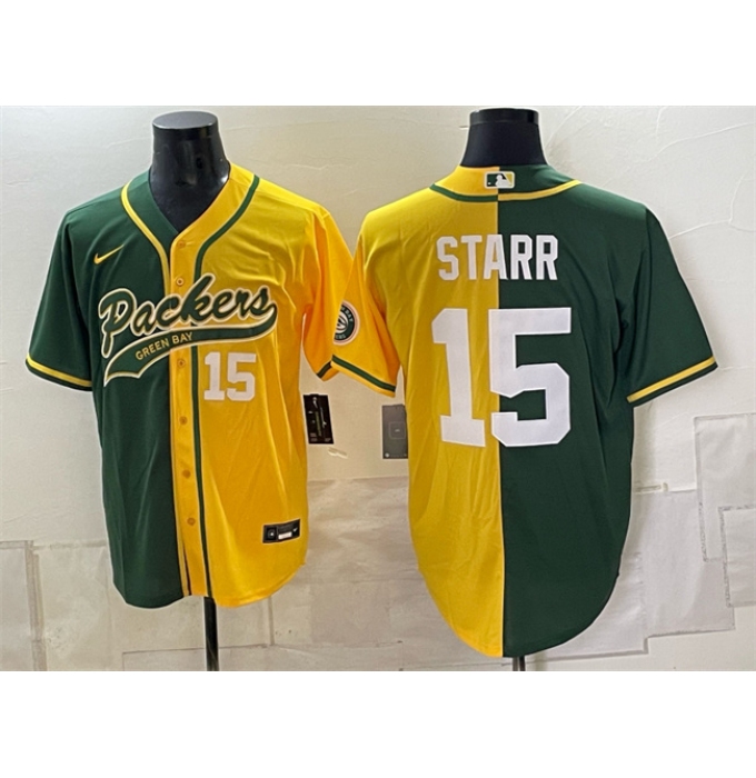 Men's Green Bay Packers #15 Bart Starr Green Gold Split Cool Base Stitched Baseball Jersey