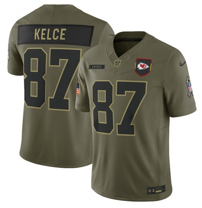 Men's Kansas City Chiefs #87 Travis Kelce Olive 2025 Salute to Service Limited Football Stitched Jersey