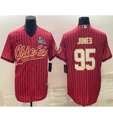 Men's Kansas City Chiefs #95 Chris Jones Red Pinstripe With Super Bowl LVII Patch Cool Base Stitched Baseball Jersey